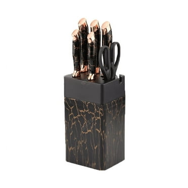 7 PCS Stainless Steel Kitchen Knife Block Set with Knife Holder, Black and Gold