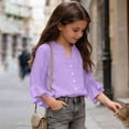 thumbnail image 5 of PiGOGI Girls Ruffle 3/4 Sleeve V-Neck Button Down Top Solid Color Soft Casual Blouse for Kids Purple 9Years, 5 of 8