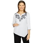 Alfred Dunner Womens Petite Embroidered Floral Yoke Asymmetrical Top