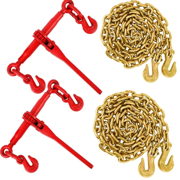 5/16"-3/8" Chain Binders Sets of 2, 5/16" ×10 ft Chains, Grade 70 Binders and Chains, Load Transport Binder Chain with Grappling Hook, for Industrial, Agricultural, Logging, 2 Binders and 2 Chains