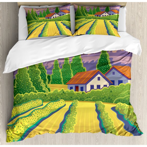 Country Home Duvet Cover Set King Size, Cute Countryside Illustration of Vineyard Farm House Trees in Cartoon Design, Decorative 3 Piece Bedding Set with 2 Pillow Shams, Multicolor, by Ambesonne