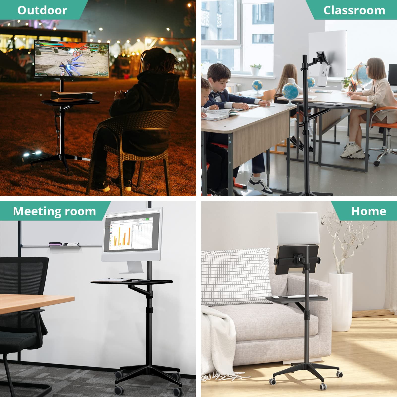 Mobile Desk Workstation Mulitiuse Rolling Laptop Floor Stand 34"-48.6" Height Adjustable Compatible With 17"-27" Monitor&12"-17" 21"*14" Maxload 17.6lbs 4 Lockable Wheels B
