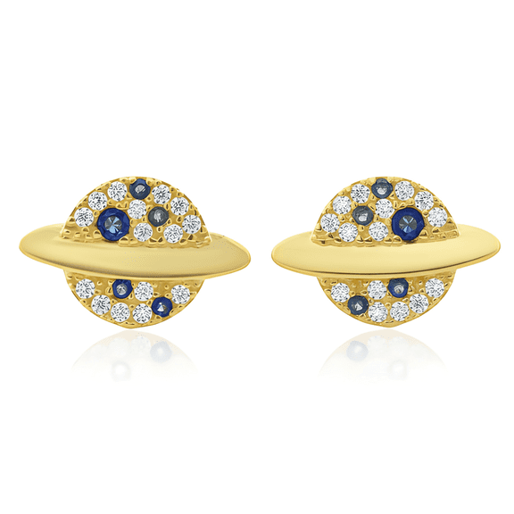 VINALI 14K Solid Yellow Gold Cz Womens Small Planet Stud Earrings - 0.47in