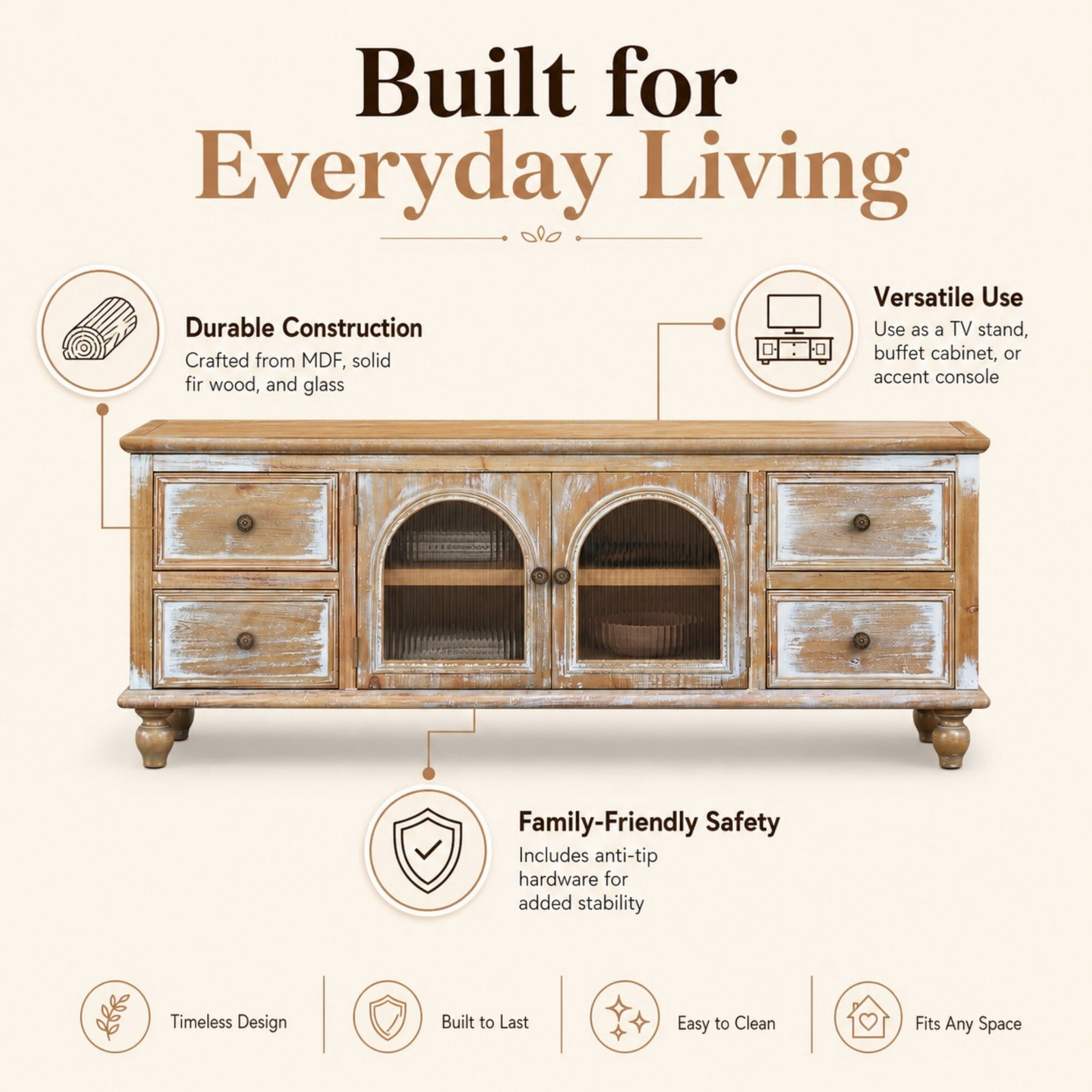 DEALTOPS 60 Inch Farmhouse TV Stand with 4 Drawers & 2 Glass Doors, Rustic Media Console – Natural Oak