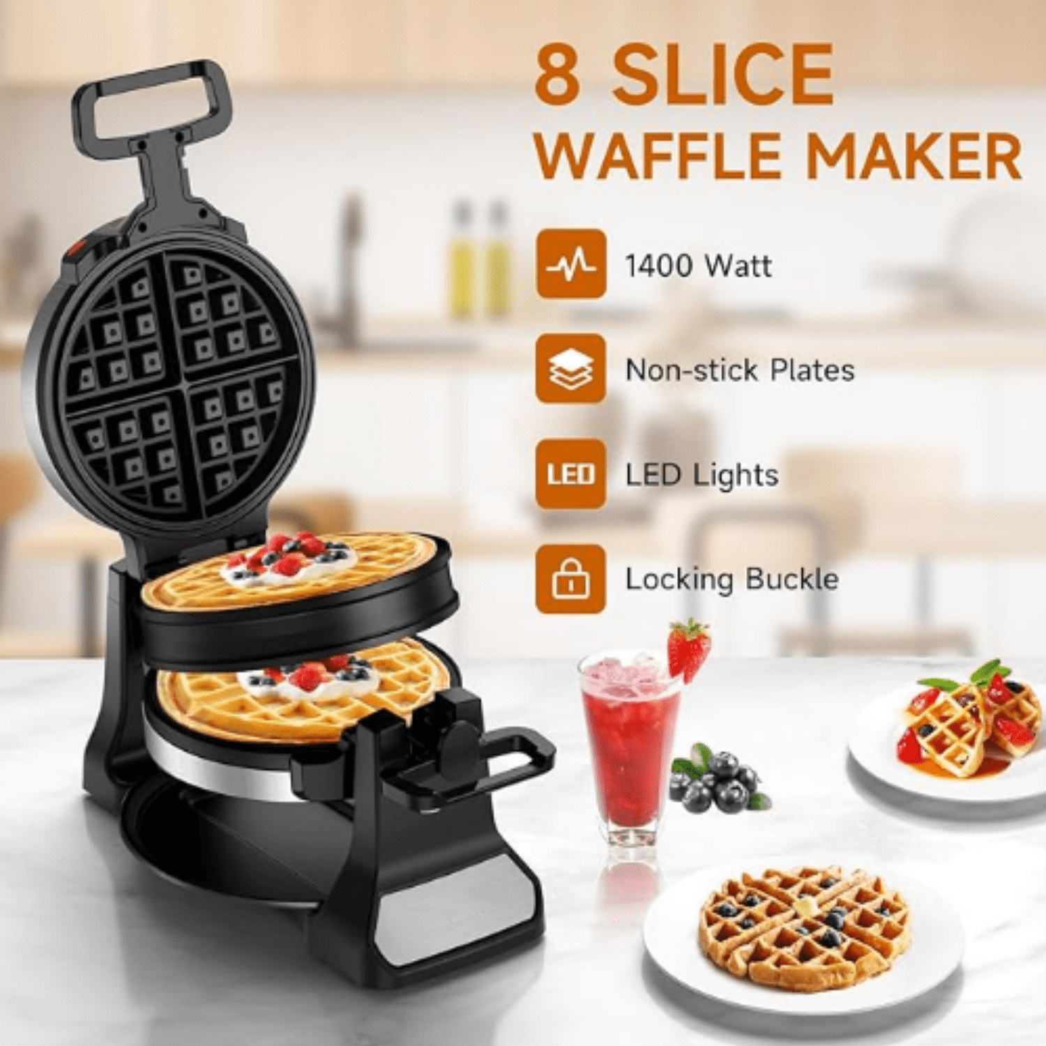 Double Belgian Waffle Maker 180°Flip, 1400W Waffle Iron 8 Slices, Rotating & Nonstick Plates with Removable Drip Tray for Easy Clean, Stainless Steel, Locking Buckle & Cool Touch Handle