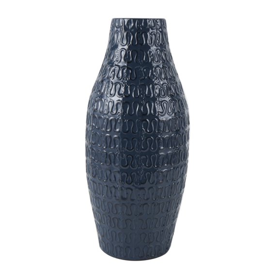 DecMode 20" Dimensional Textured Dark Blue Metal Vase with Wavy Pattern