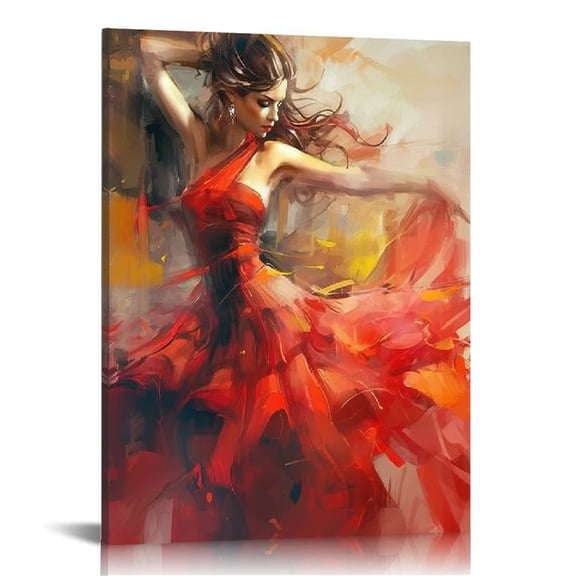 WGOD Colorful Dancers Wall Art Canvas Prints, Red Dancing Lady Oil Paintings, Romantic Sexy Girl Poster, Abstract Wall Pictures for Living Room Spanish Style Home Decor 12x16 in