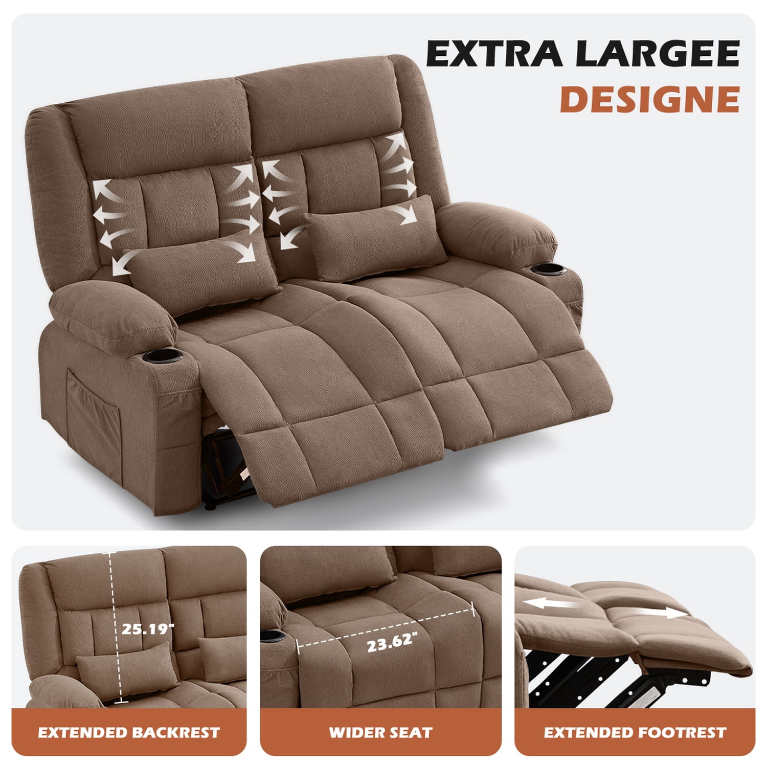 Alvantor Loveseat Recliner Sofa for Adults with Cup Holders, Modern Overstuffed Manual Sofa Chair for Home Theater Brown