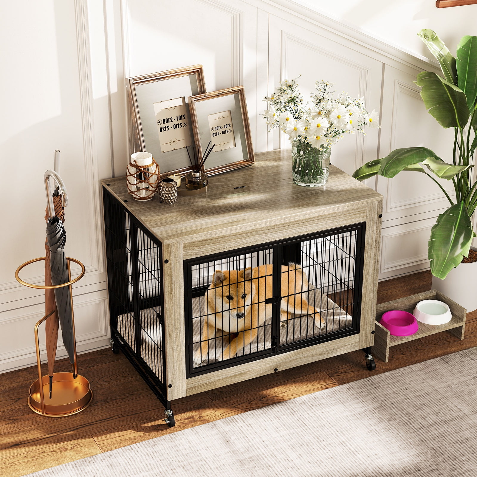 Gymax Dog Crate Furniture Industrial Dog Kennel w/ Flip-up Top Decorative Pet House Gray