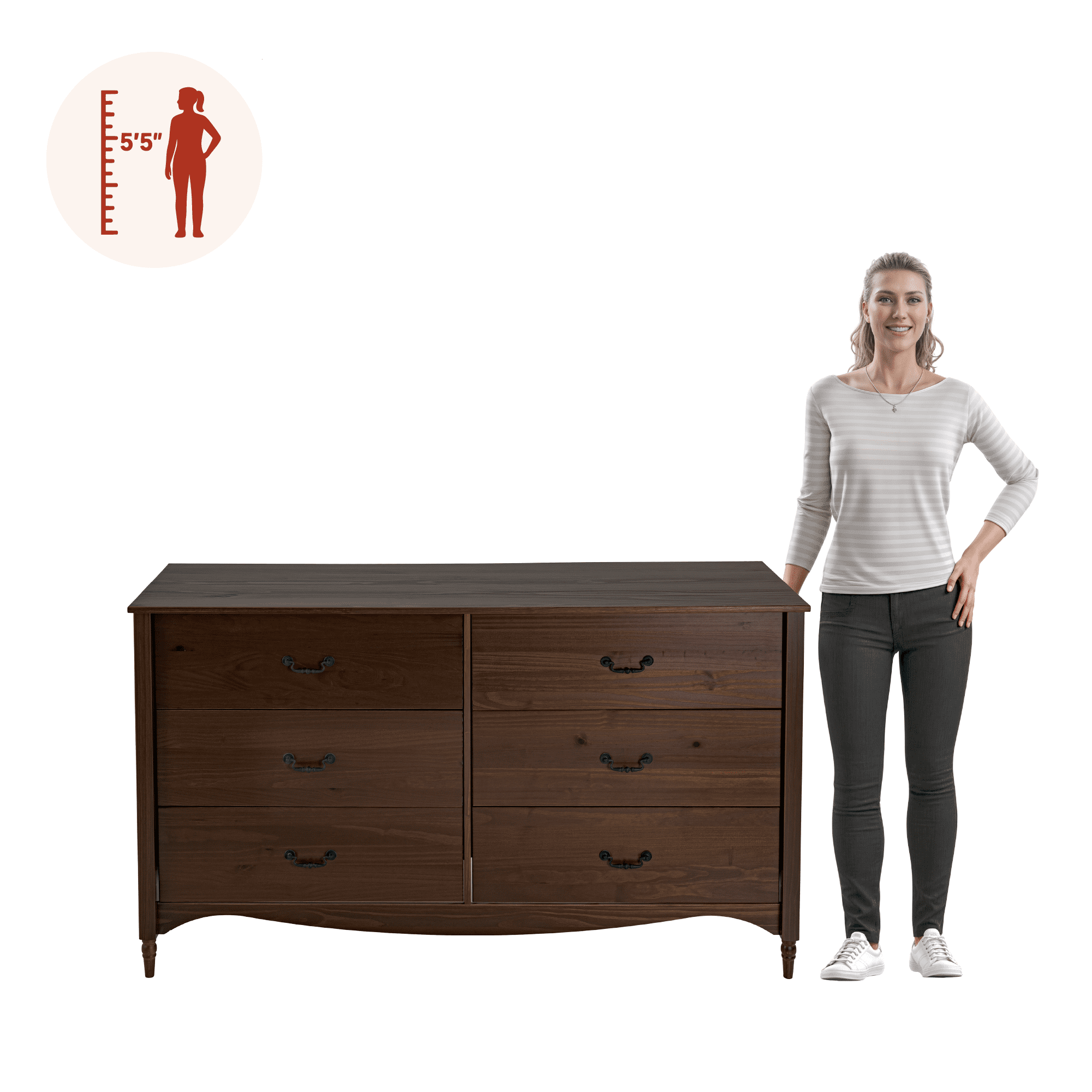 Brixton Solid Wood 6 Drawers Dresser Walnut - for Adults and Teens