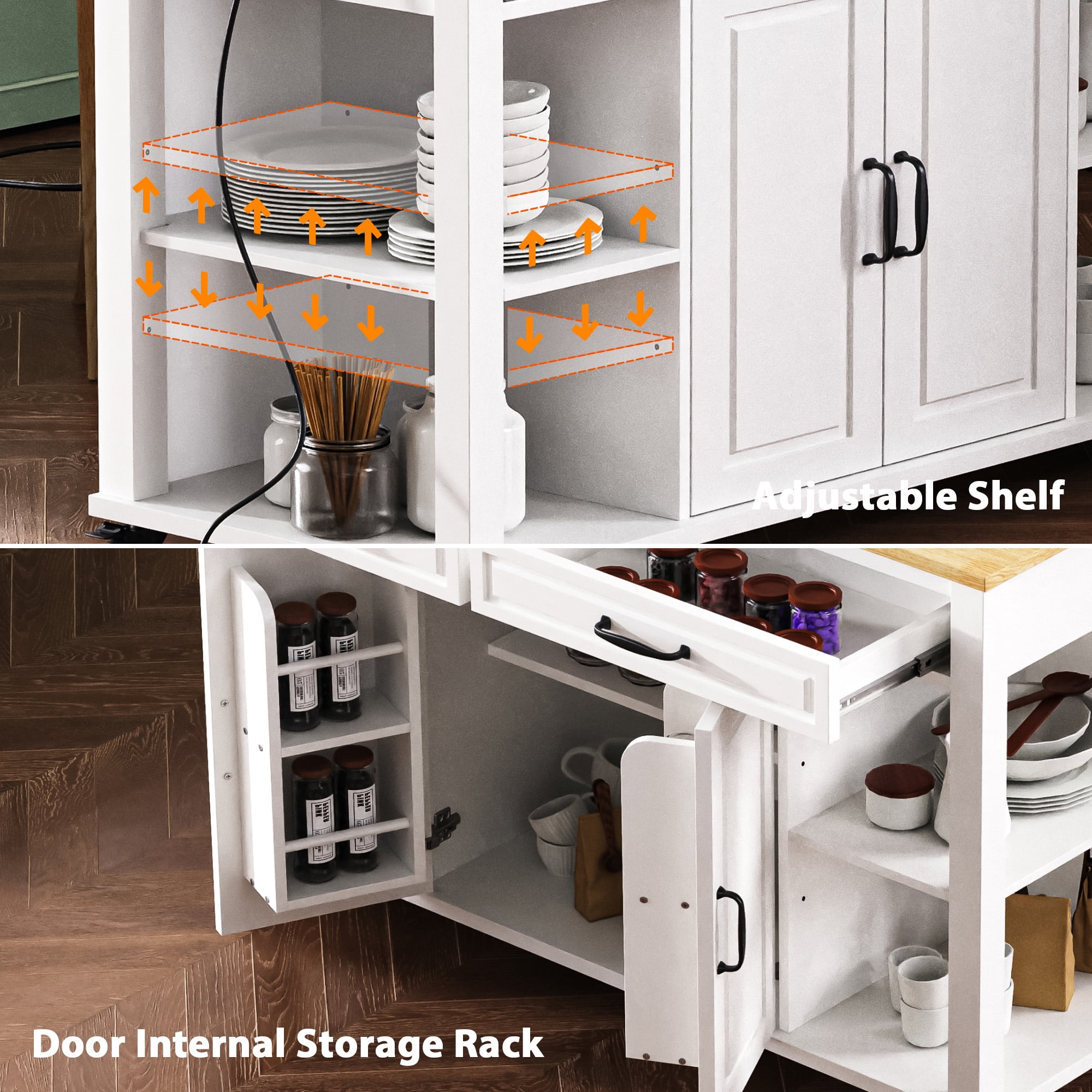 Homy Casa Kitchen Serving Cart with Extendable Table, Drawers, Power Outlet, for Dining Room, White