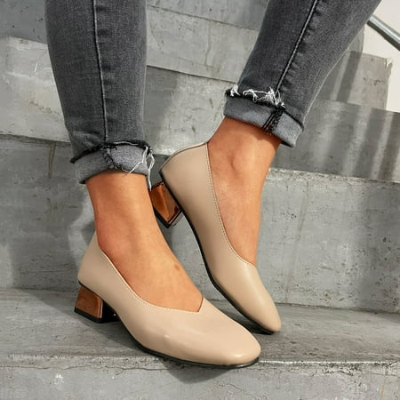 

ZXHACSJ Shoes For Woman Pumps Single Shoes Round Toe Shallow Solid Leather Shoes Khaki 35