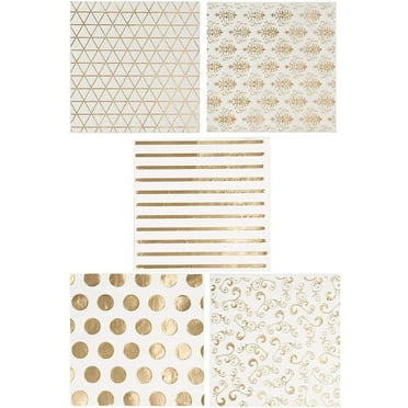 100 Pack White and Gold Paper Disposable Cocktail Napkins for Wedding Reception, Birthday, 5x5 In