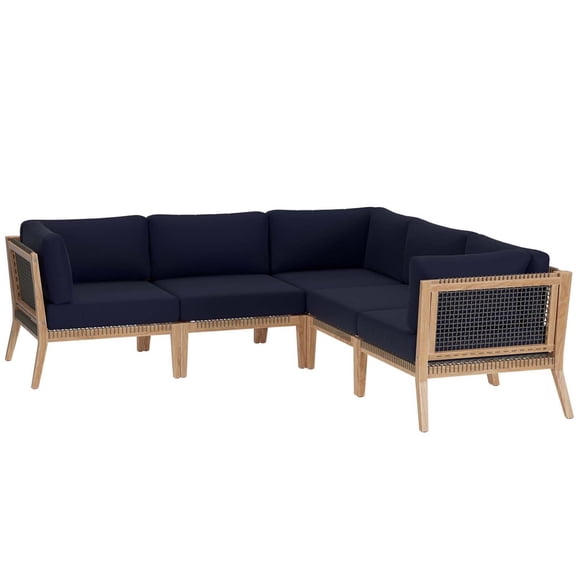 Lounge Sectional Sofa Set, Blue Navy Natural, Teak Wood, Outdoor Patio Balcony Cafe Bistro Garden Hospitality Restaurant, Modern Contemporary HB34462