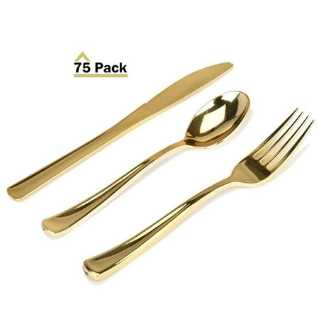 - Stock Your Home 75 Piece Plastic Gold Flatware Set, Looks Like Gold Cutlery - Solid, Durable, Heavy-duty Includes: 25 Forks, 25 Knives, 25 Spoons Perfect for Parties, Weddings & Catering Events