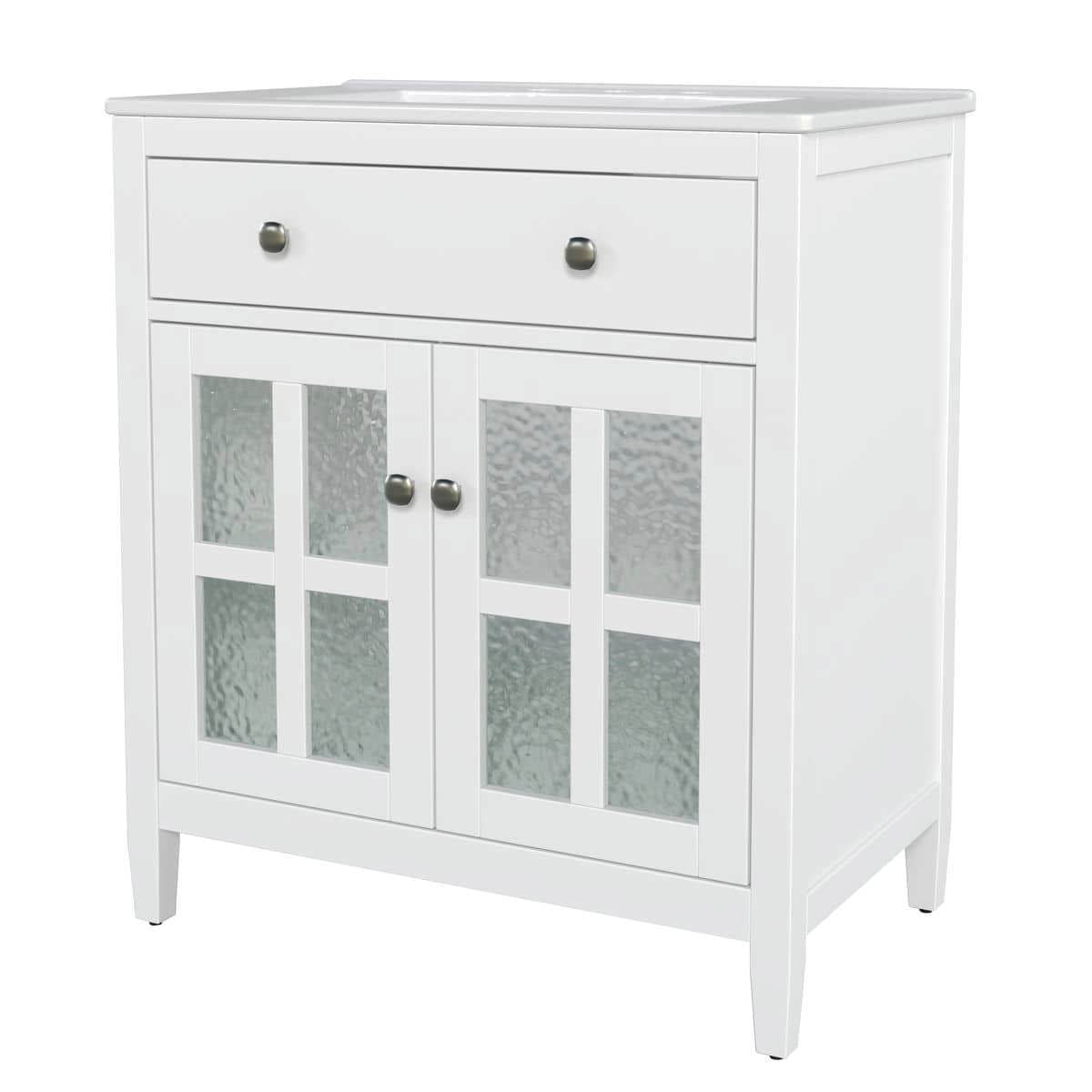 Resenkos 30" Bathroom Vanity with Ceramic Sink, Solid Wood Legs, Adjustable Shelf, Tip-Out Tray, Silver Metal Knobs, Soft Close Hinges - White