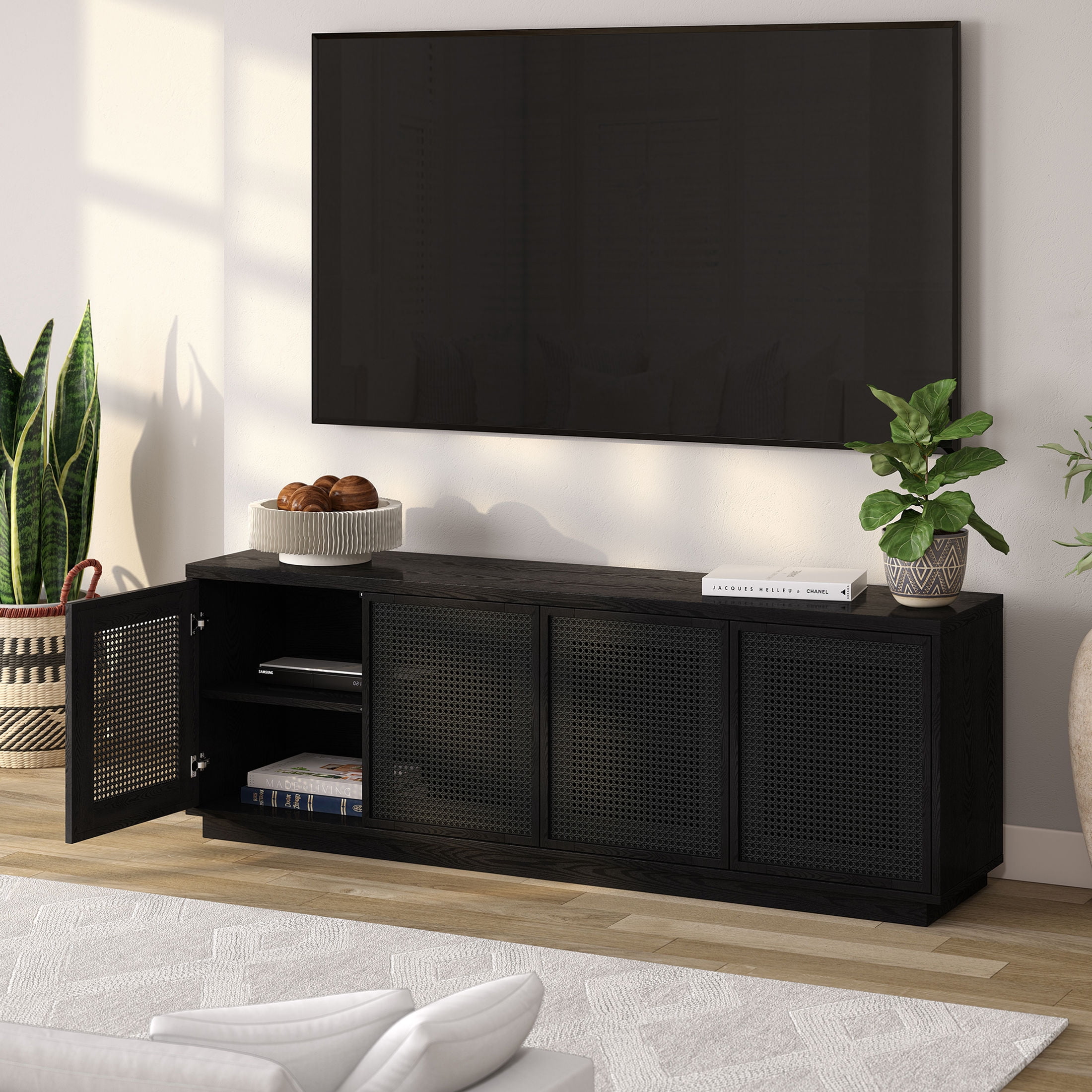 Evelyn&Zoe Pryce Mid-Century Modern TV Stand For TVs up to 78", Black Grain with Black Rattan