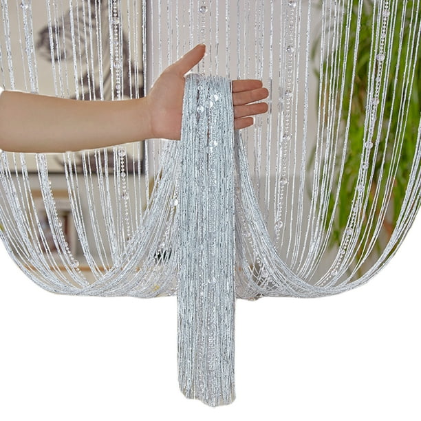 Advancent Cortina de puerta con cuentas de cristal y hilo plateado para decoración de sala de estar o partición, ideal para bodas. Conjuntos de muebles de sala de estar blanco 1*2 m