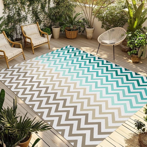Fsddascl Turquoise Brown Outdoor Rug for Patio/Deck/Porch, Non-Slip Large Area Rug 4 x 6 Ft, Gradient Geometric Stripes Chevron Wave Indoor Outdoor Rugs Washable Area Rugs, Camping Rug Carpet