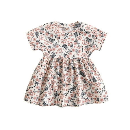 

Frobukio Toddler Baby Girls Princess Dress Floral Round Collar Short Sleeve Dress Summer Sweet Cute Dress White 12-18 Months