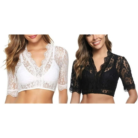 Lojoutye 2 Pack(Black 1PCS & White 1PCS) Multipack Negligee Plus Size Tops Blouses Women s Dirndl Valentines Day for Women Bodysuit Blouse Lace Dirndl Elegant