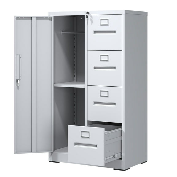 Xutumm 4-Drawer Locking Vertical Filing Cabinet with Door - Steel File Locker for School, Bedroom, Office, White