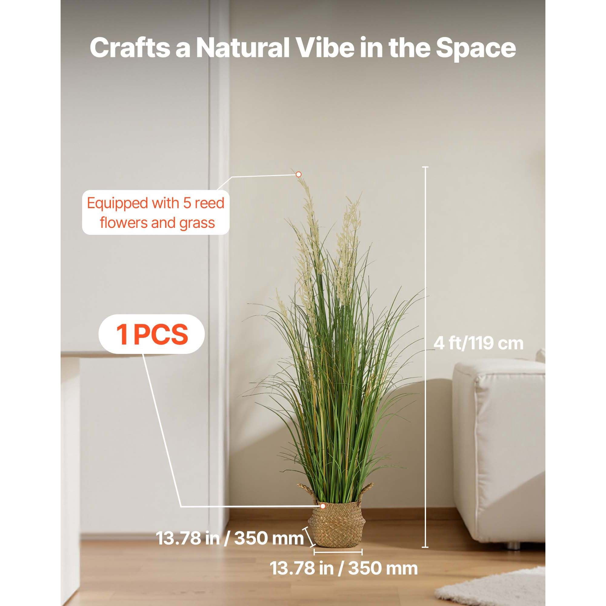 1-Pack Artificial Reed Flowers with Basket, 4 ft Tall, PVC Leaves, Lifelike Design, No Assembly Required, for Home, Garden, Patio, Hotel & Office Decor