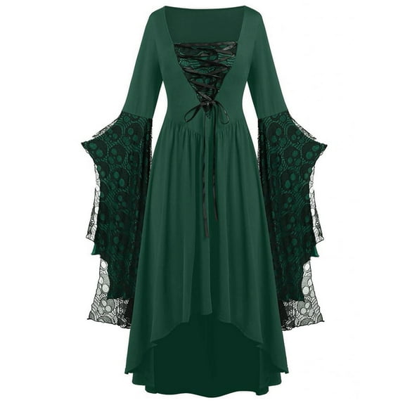 Luxalzxs Gothic Dresses for Women Long Sleeve Vintage Witch Dress Plus Size Bell Sleeve Medieval Renaissance Gown Halloween Dress