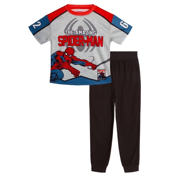 Marvel Spider-Man Mesh T-Shirt and French Terry Jogger Pants Outfit Set Logo Toddler to Big Kid
