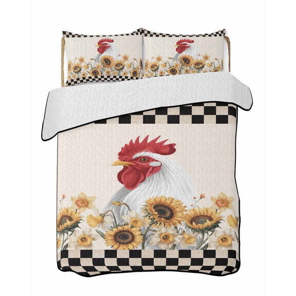 Farmhouse Quilts Bedding Set California King Vintage Farm Chicken Sunflowers Black Plaid Beige Lightweight Quilted Bedspread 3 Piece Bed Quilt with 2 Pillow Shams All Season for Bedroom 96" x 106"