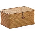 thumbnail image 1 of Natural Wicker Storage Basket, Boho Style Home Decor With Lid, Hand-Woven Seagrass Rattan For Office Or Living Room Organization (1 Piece), 1 of 8