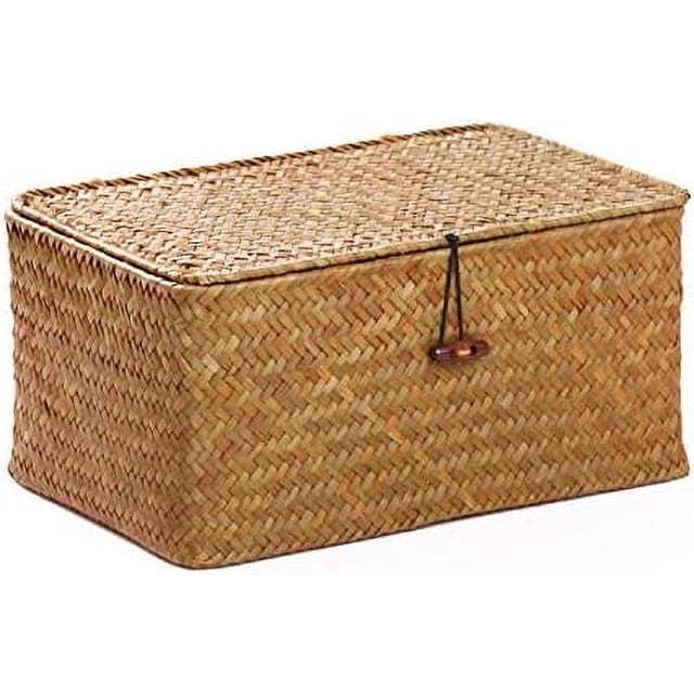 Natural Wicker Storage Basket, Boho Style Home Decor With Lid, Hand-Woven Seagrass Rattan For Office Or Living Room Organization (1 Piece)