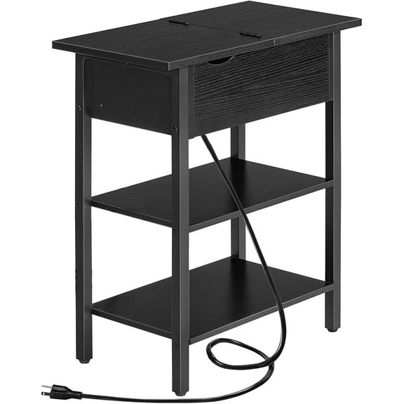 HOOBRO Side Table, Flip End Table with Charging Station and Shelves, USB Ports & Power Outlets, Narrow Nightstand for Small Spaces, Stable and Sturdy, for Living Room, Black BK341BZ01