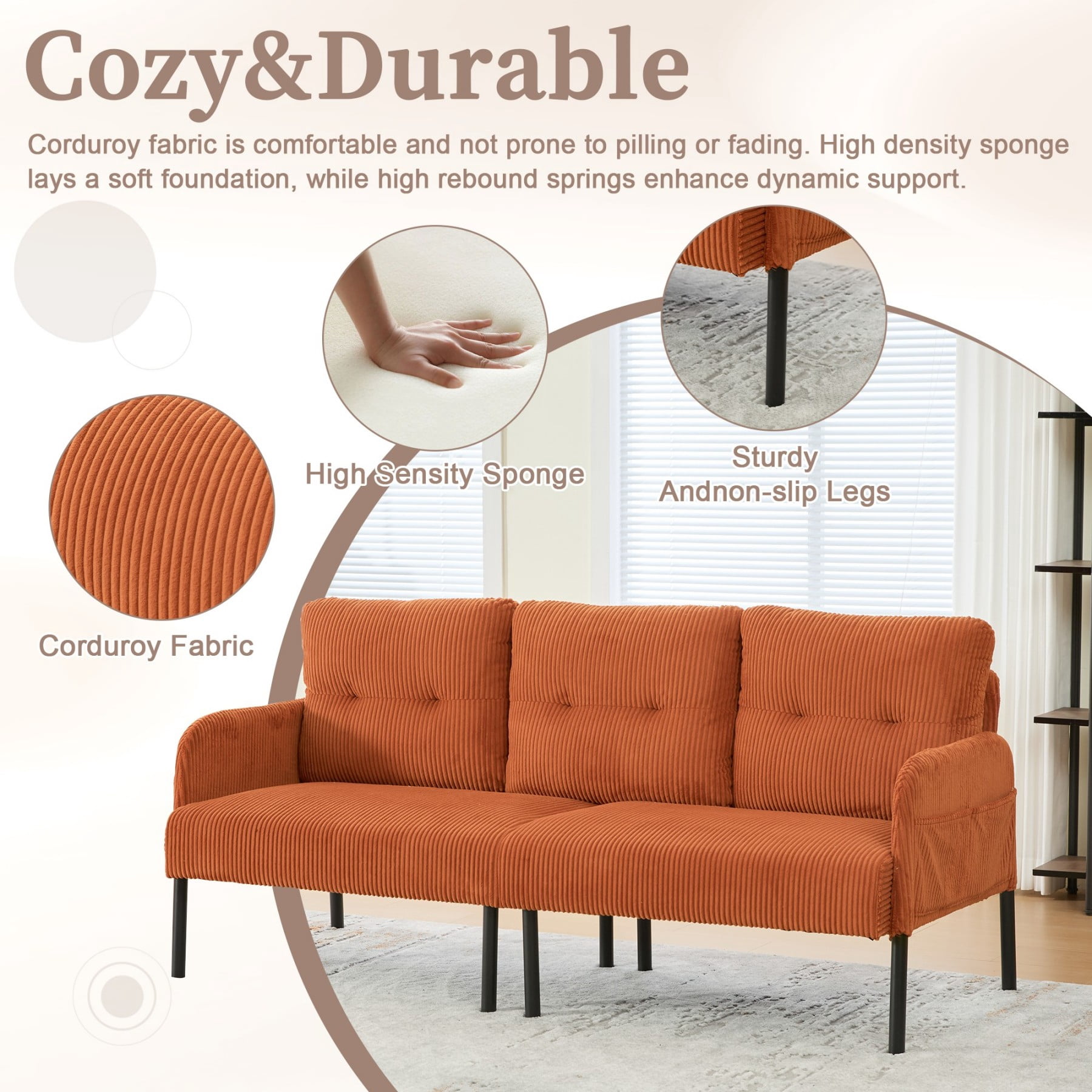 Oversized Loveseat Sofa, Modern Corduroy Upholstered Couch with Side Pockets & Metal Legs for Living Room Bedroom, Orange