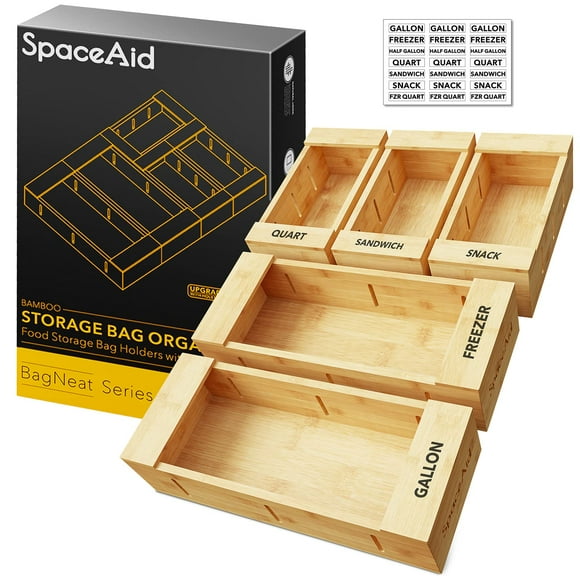 SpaceAid Bag Storage Organizer for Kitchen Drawer Bamboo Organizer Compatible with Gallon Quart Sandwich and Snack Variety Size Bag (5 Pack Set)