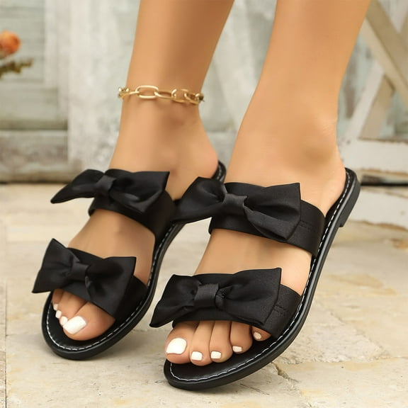 USSUMA Womens Slippers Women's Fashionable Casual Summer New Style Outer Wear Polka Print Bow Beach Sandals Open-Toe Quick-Dry Slippers Clearance Sales