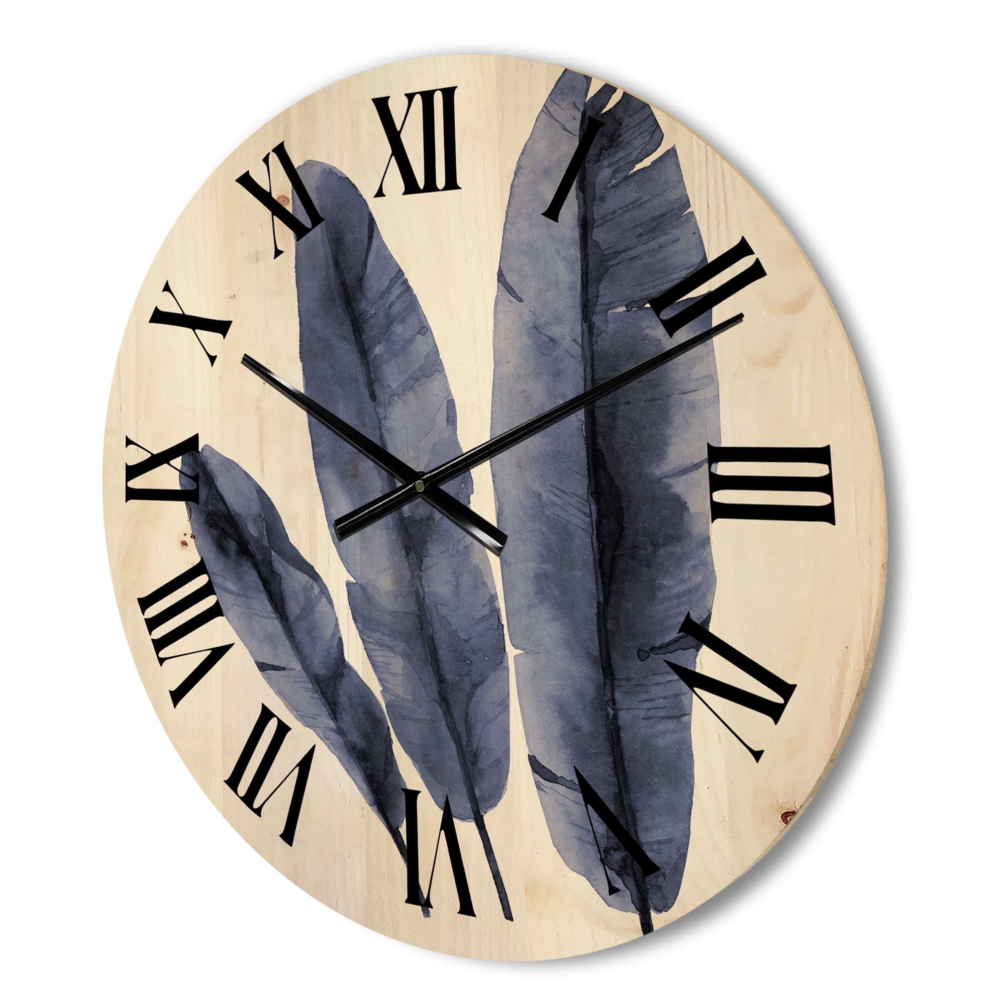 Designart 'Navy Blue Tropical Banana Leaves On White' Tropical Wood Wall Clock