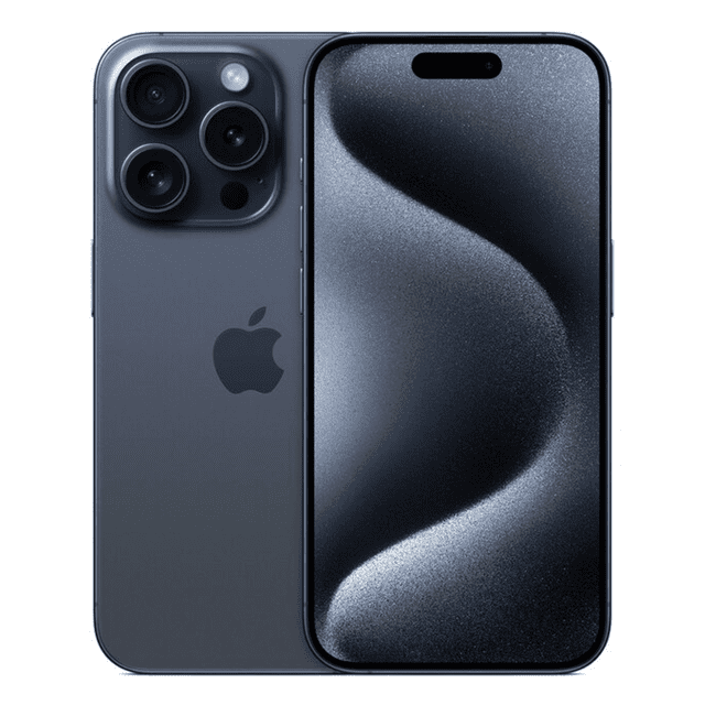 apple iphone 15 pro 128 gb azul smartphone reacondicionado, vista frontal y trasera; pantalla OLED Super Retina XDR de 6.1 pulg. encendida, carcasa azul con borde metálico, módulo triple de cámara trasera y logo Apple visible. Apto también para uso intensivo y productividad móvil.