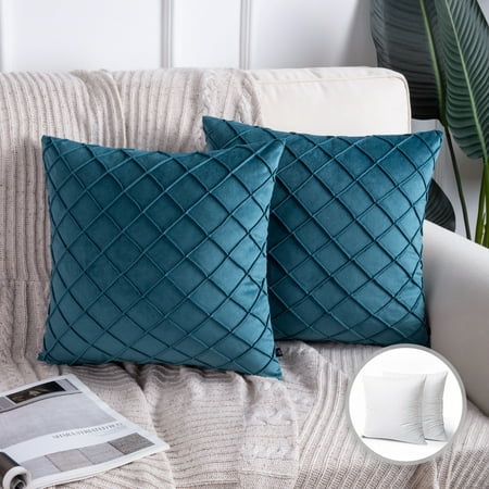 Phantoscope Soft Pleated Velvet Series Square Decorative Throw Pillow Cushion for Couch, 18" x 18", Lake Blue, 2 Pack