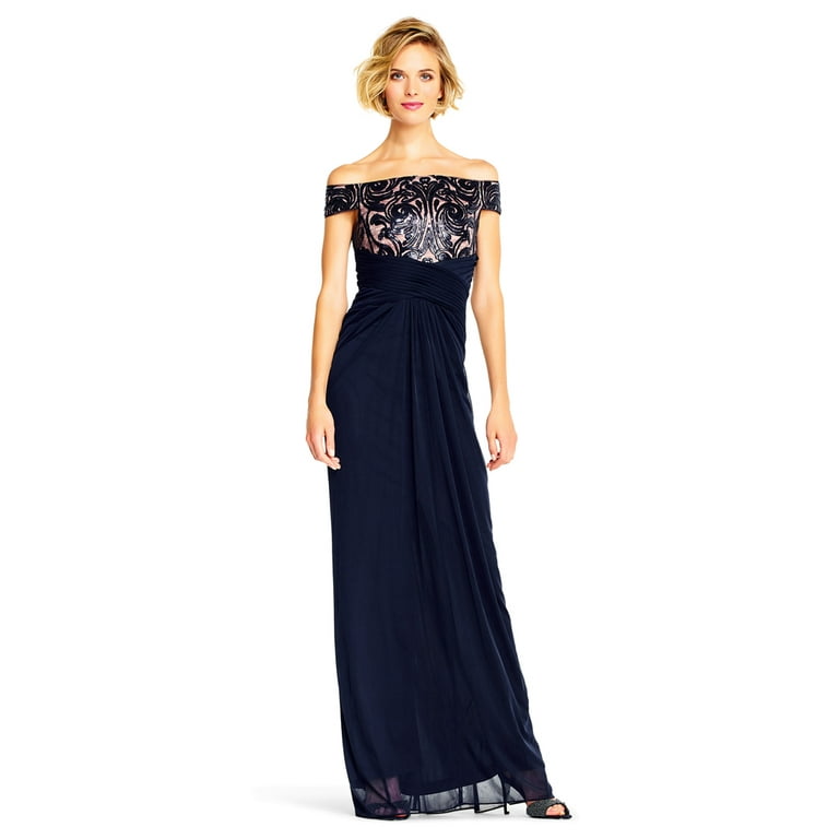 Adrianna Papell Off Shoulder Embroidered Sequin Tulle Gown Navy