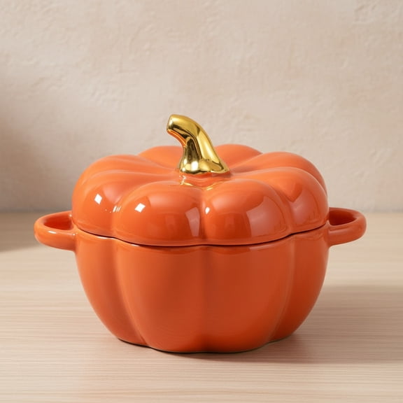 15 Oz Orange Ceramic Pumpkin Soup Bowl with Lid, for Halloween & Thanksgiving Soup Serving, Oven Safe Ceramic Stew Pot Pumpkin Shape Storage Jar, Double Ear Pumpkin Dessert Bowl for Tableware