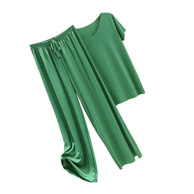 Conjunto de pijama de satén de seda helada Minnieouse para mujer camiseta de algodón con cuello en V pantalones holgados con cintura Verde METRO