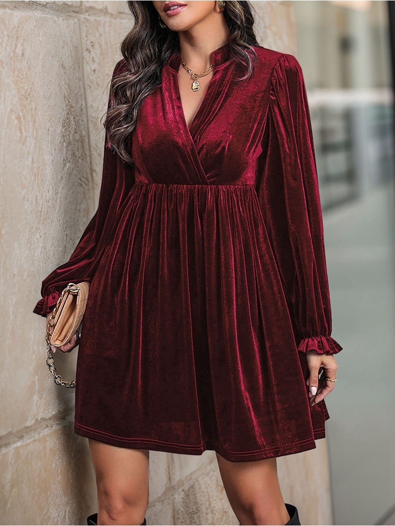 Women Elegant Retro Short Loose V-Neck Long Sleeve Velvet Solid Color Dress Fall Winter Fashion Clothing Wine Red M - Walmart.com Women Elegant Retro Short Loose V-Neck Long Sleeve Velvet Solid Color Dress Fall Winter Fashion Clothing Wine Red M - Walmart.com