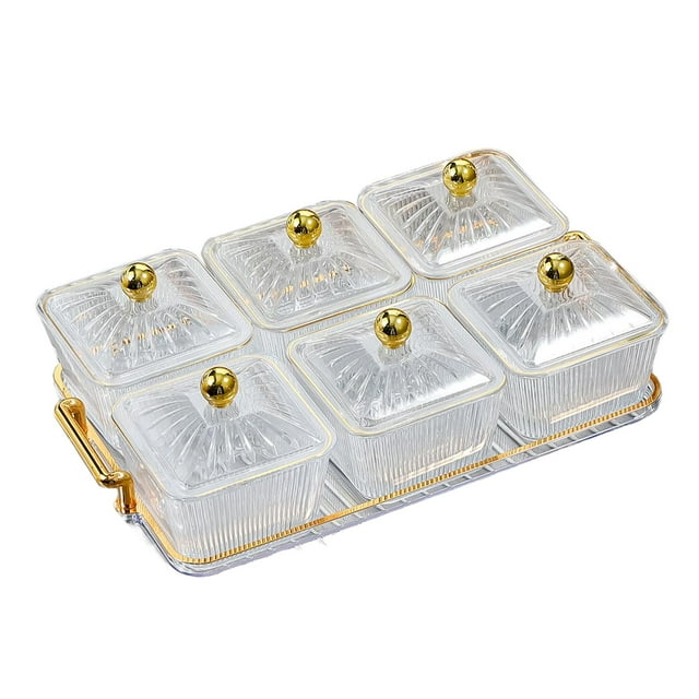 Plateau de Fruits Secs avec Double Poignée Divisé Plateau de Service avec Couvercles Assaisonnement Pot Récipient de Stockage des Aliments pour la Cuisine 6 Bols