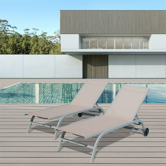 Outdoor Aluminum Chaise Lounge, Patio Chaise Lounge Chairs Set of 2, Weather Proof Outdoor Chaise Lounge Chair with Wheels, 5 Adjustable Position Backrest, Pool Chaise Lounge