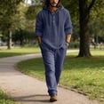 thumbnail image 2 of Fabrcox Linen 2 Piece Sets for Men Button Down Linen Shirts with Hood and Beach Pants Relaxed Fit Travel Casual Men’s Lounge Set XXXL, 2 of 4