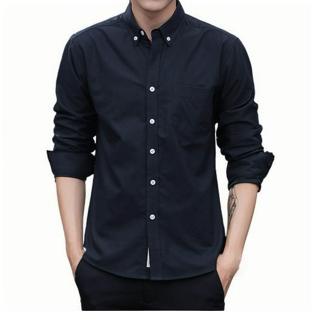 Blusa y camisa de manga larga con cuello vuelto para hombre, color liso, bolsillos, solapa con botones, blusa de poliéster para hombre