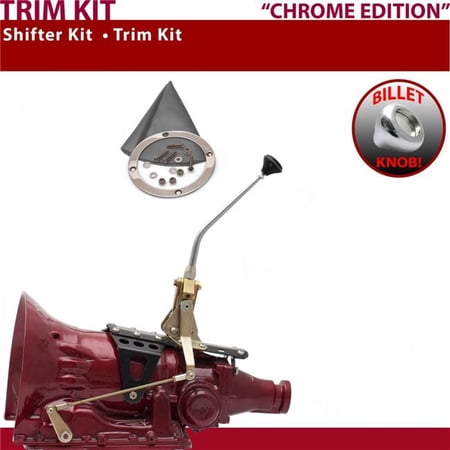 American Shifter TH350 Shifter Kit Chrome 10 in. Trim Kit Push Button Gray Boot Billet Knob for EFA57