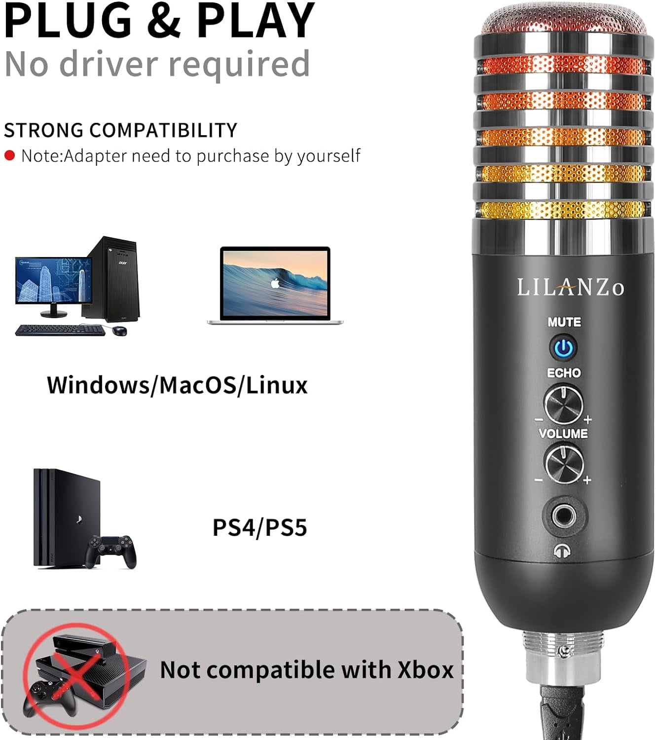 USB Condenser Microphone with  Arm Stand for PC PS4 PS5 Streaming Gaming Podcasting RGB LED Lights