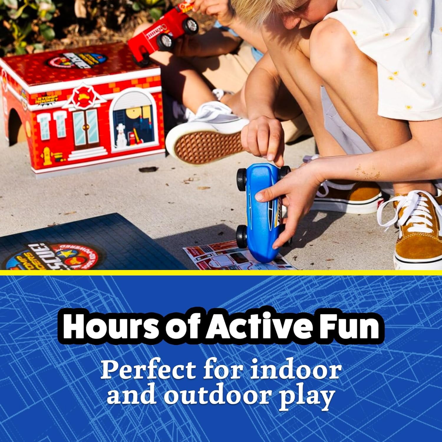 Stomp Rocket® Original Stomp Rescue Racers Launcher for Kids, 1 Police Car, 1 Fire Truck, 2 Toy Car Launchers, 2 Station Boxes and Stickers, Gift for Boys and Girls Ages 5 and up.
